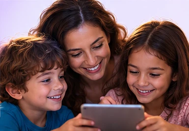 Mãe e dois filhos sorrindo olhando um tablet